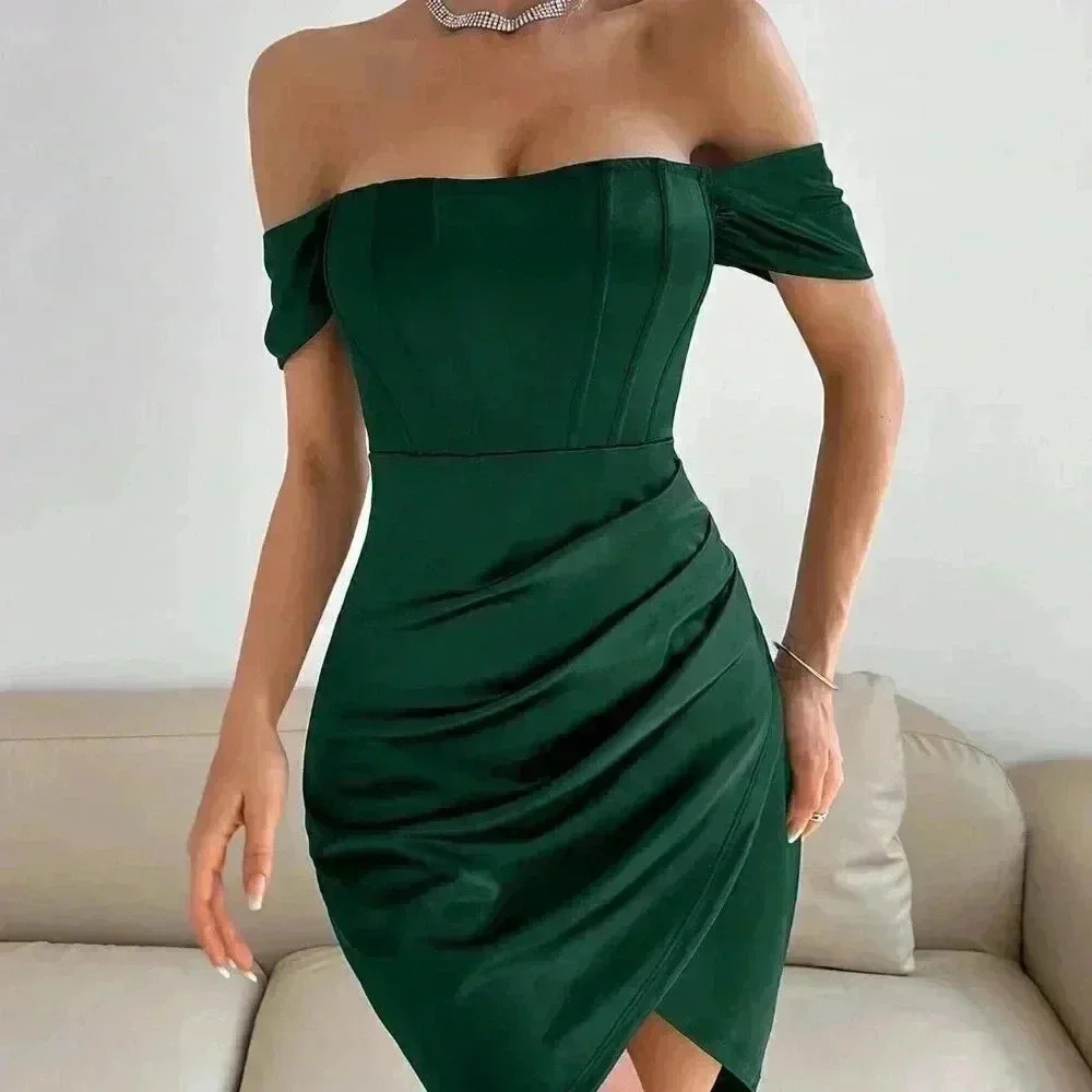 Green Preppy Womens Off Shoulder Ruched Tulip Hem Dress - Picture 5 of 5